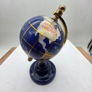 VTG Lapis Lazuli Gemstone World Desk Globe 5" tall Turns VGVC